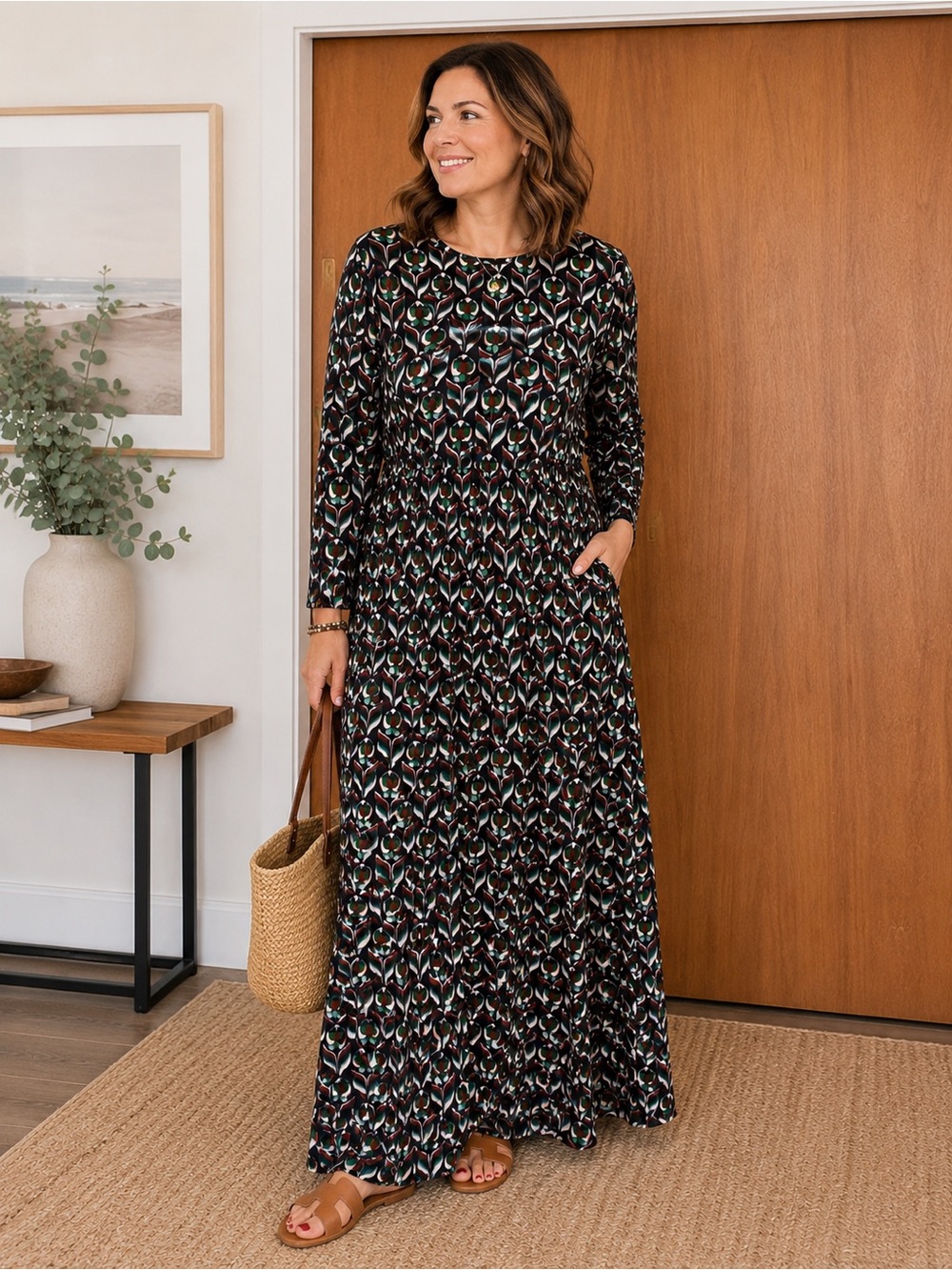 Boden Black & Boho Multicolor Printed Long Sleeve Maxi Dress